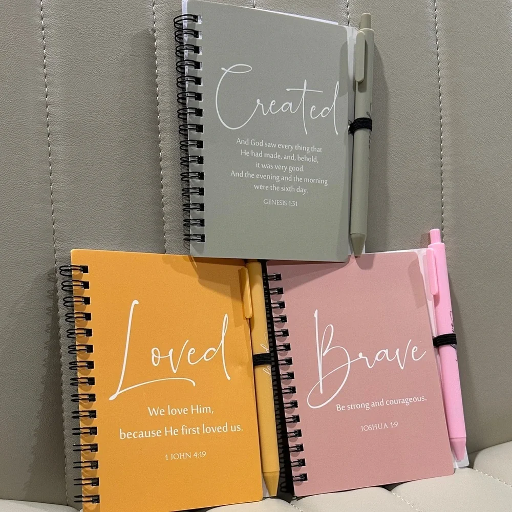 Bible Verse Notebook Trio & Pens Loved - John Brave - Joshua Created - Genesis
